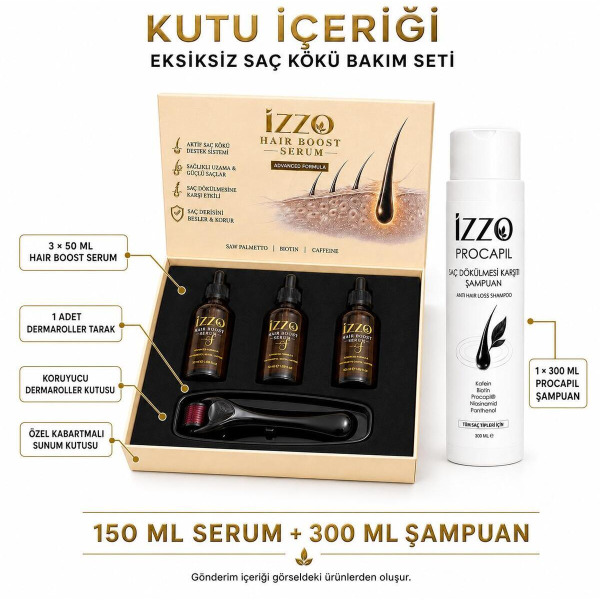 Saç Bakım Seti 3x50 ml Hair Boost Serum + 300 ml Saç Dökülmesine Karşı Şampuan + Dermaroller Tarak
