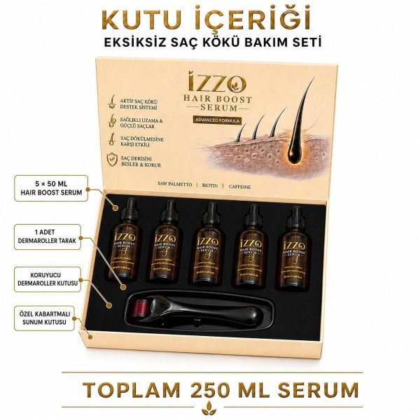 Hair Boost 5'li Saç Bakım Serumu 5x50 ml + Dermaroller Tarak | Biotin, Saw Palmetto, Kafein İçeren Saç Bakım Seti