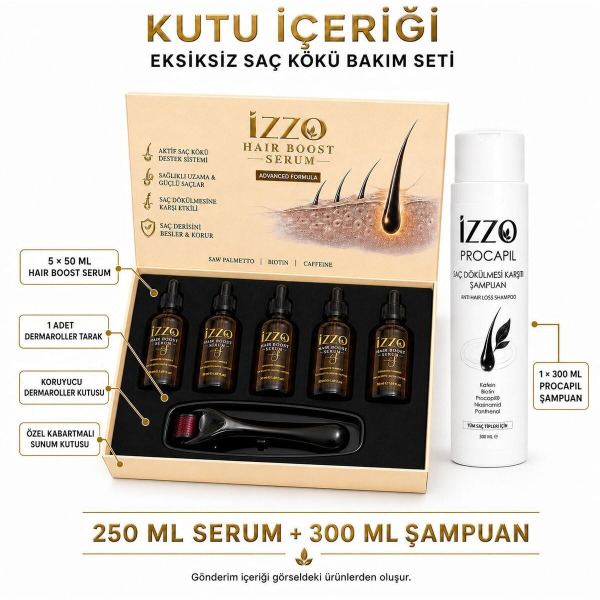 Saç Bakım Serumu 5 x 50 ml + Saç Bakım Şampuanı 300 ml + Dermaroller Tarak | Hair Boost Biotin Kafein Procapil
